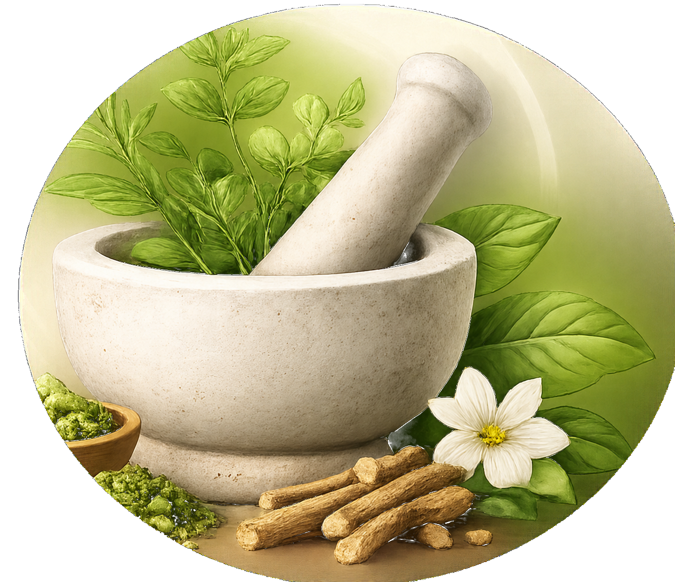 Mortar and pestle with Ayurvedic ingredients